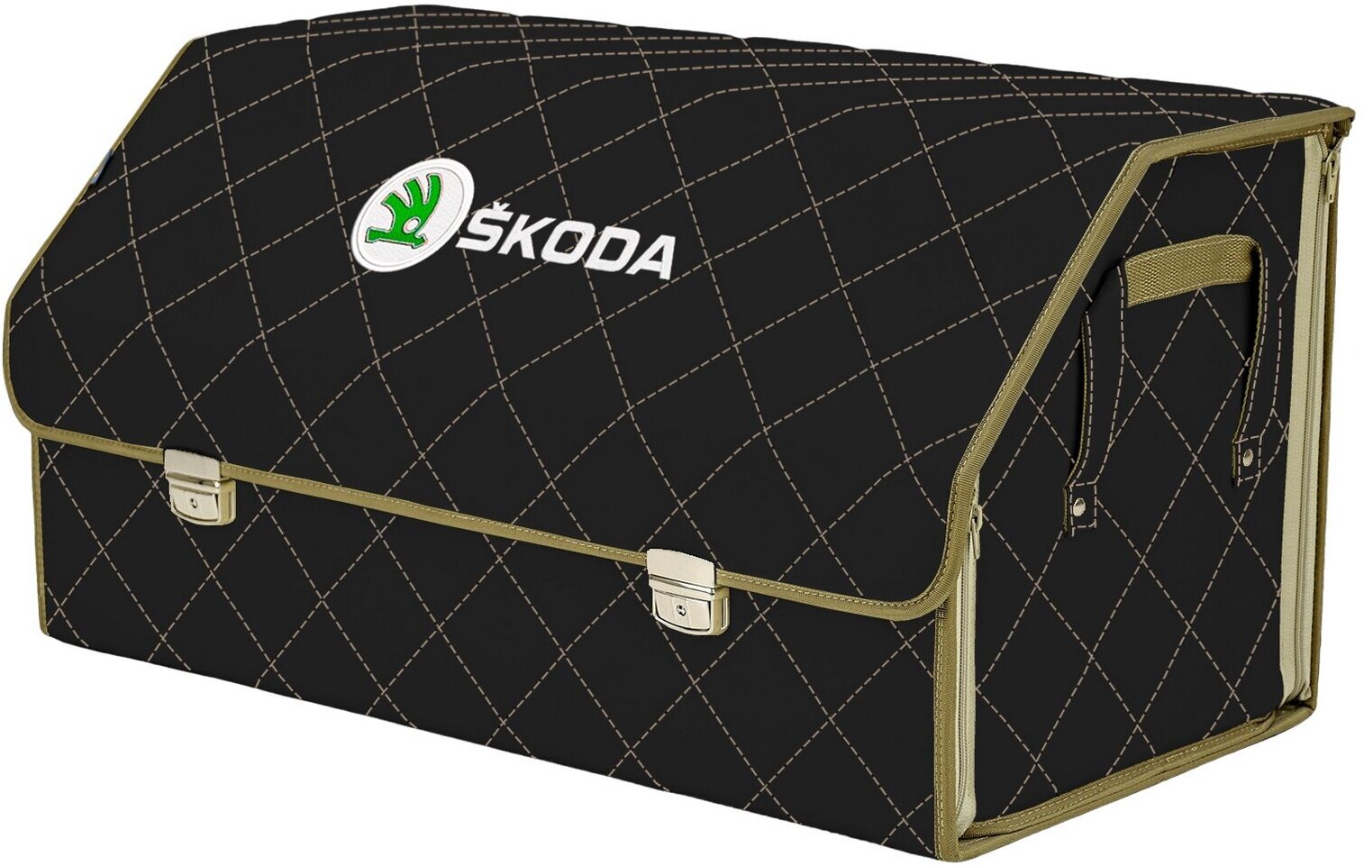 Органайзер-саквояж в багажник "Союз Премиум" (размер XL Plus). Цвет: черный с бежевой прострочкой Ромб и вышивкой Skoda (Шкода).