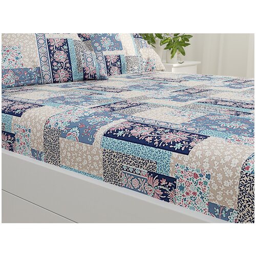 фото Простыня сказка лоскутная мозаика перкаль на резинке 180х200 см синий/бежевый/розовый