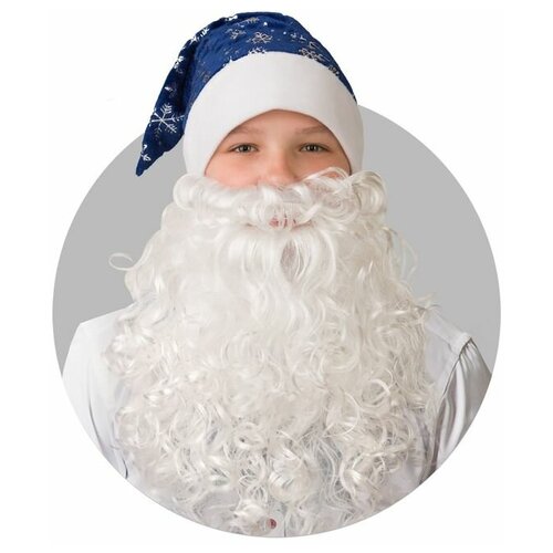 Колпак новогодний из плюша «Снежинки» с бородой, размер 55-56, цвет синий колпак с бородой 22х30см цвет красный