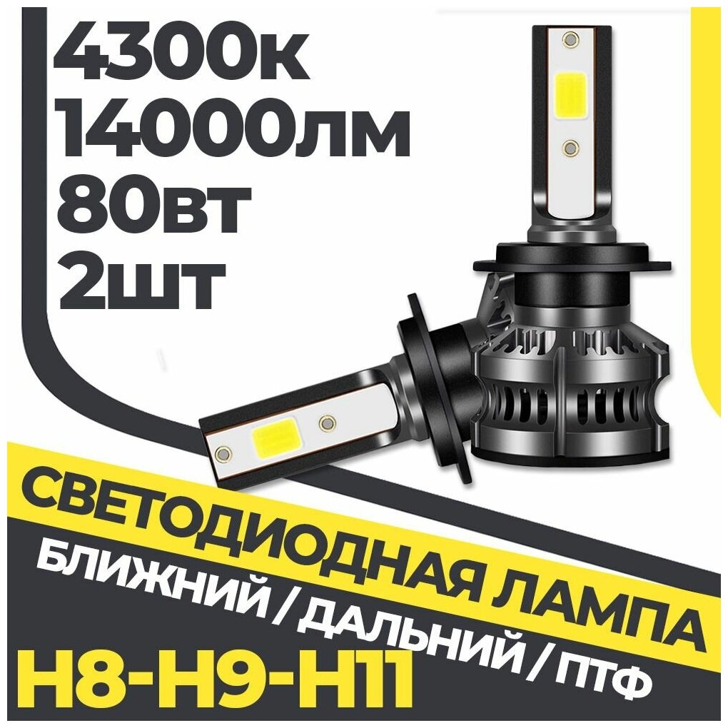Комплект LED ламп ближнего/дальнего света H8/H9/H11 4300k F2PLUS