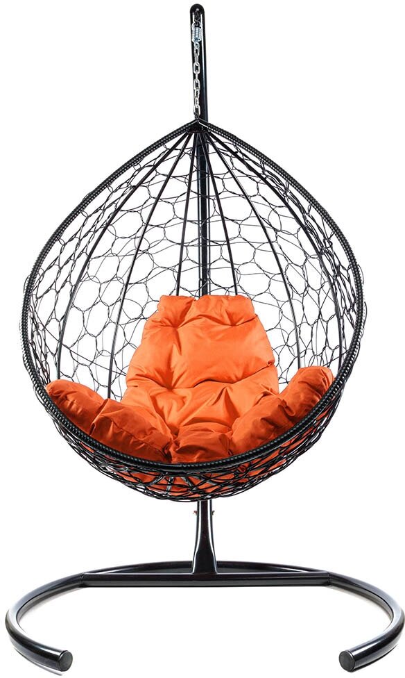 Подвесное кресло из ротанга "Капля" чёрное с оранжевой подушкой M-Group