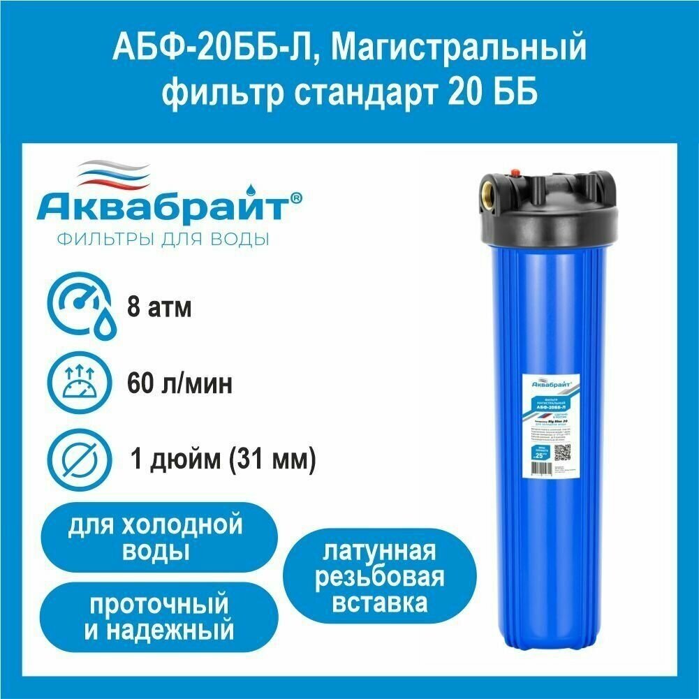 Магистральный фильтр/корпус большой 20ВВ АБФ-20ББ-Л 1 дюйм (31 мм) для холодной воды - фотография № 1