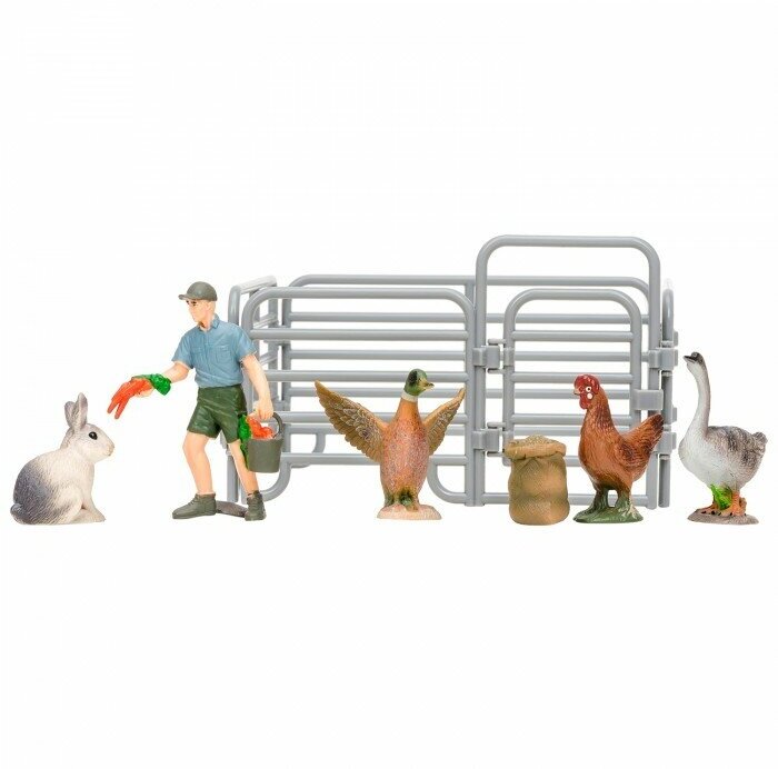 Игрушки фигурки На ферме (фермер, кролик, утка, курица, гусь, ограждение-загон, инвентарь)