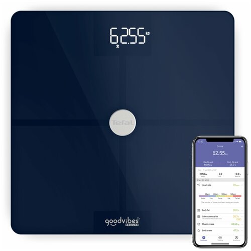 Умные весы Tefal Goodvibes Smart BM9661S1, 14 параметров, синхронизация с Google Fit, Apple Health, Fitbit, автовключение, синий