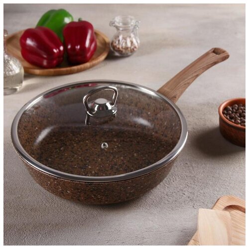 фото Сковорода титан& гранит, d=24 см, индукционное дно, стеклянная крышка, антипригарное покрытие, кам . маруся