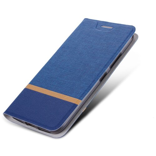 фото Чехол-книжка mypads для sony xperia 1 ii из водоотталкивающей ткани под джинсу с золотой полосой и вставкой под кожу синий