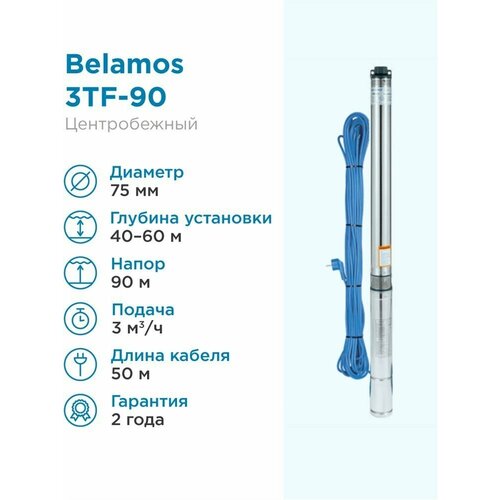 BELAMOS Насос скважинный Belamos 3TF-90/3 3м³/час,100 л/мин, H-90 м, d-78, каб 50м, Насос для скважины 40-60м центробежный беламос