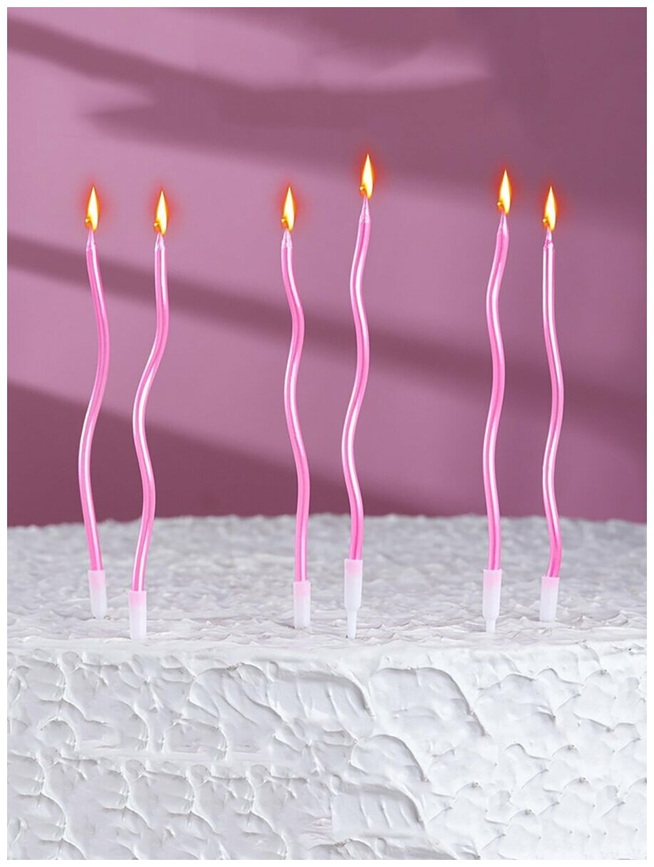 Свечи для торта парафиновые Страна Карнавалия Тонкие спирали, Серпантин, розовые, 11 см, набор 6 шт