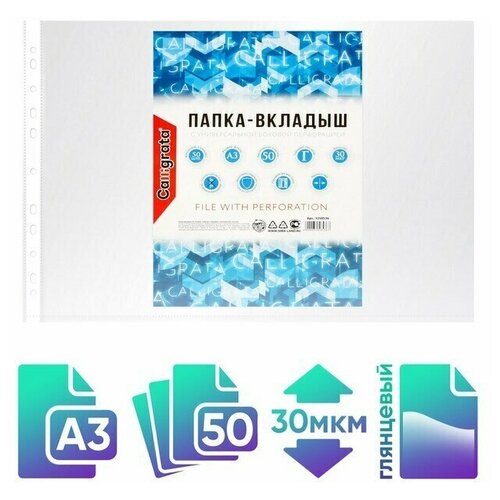 Файл-вкладыш А3, 30 мкм, глянцевый, горизонтальный, упаковка 50 шт. файл вкладыш а3 30 мкм attache горизонтальный 50 шт