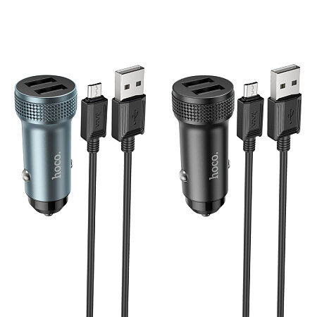 Автомобильное зарядное устройство 2USB 2.4A для micro USB Hoco Z49m Metal grey