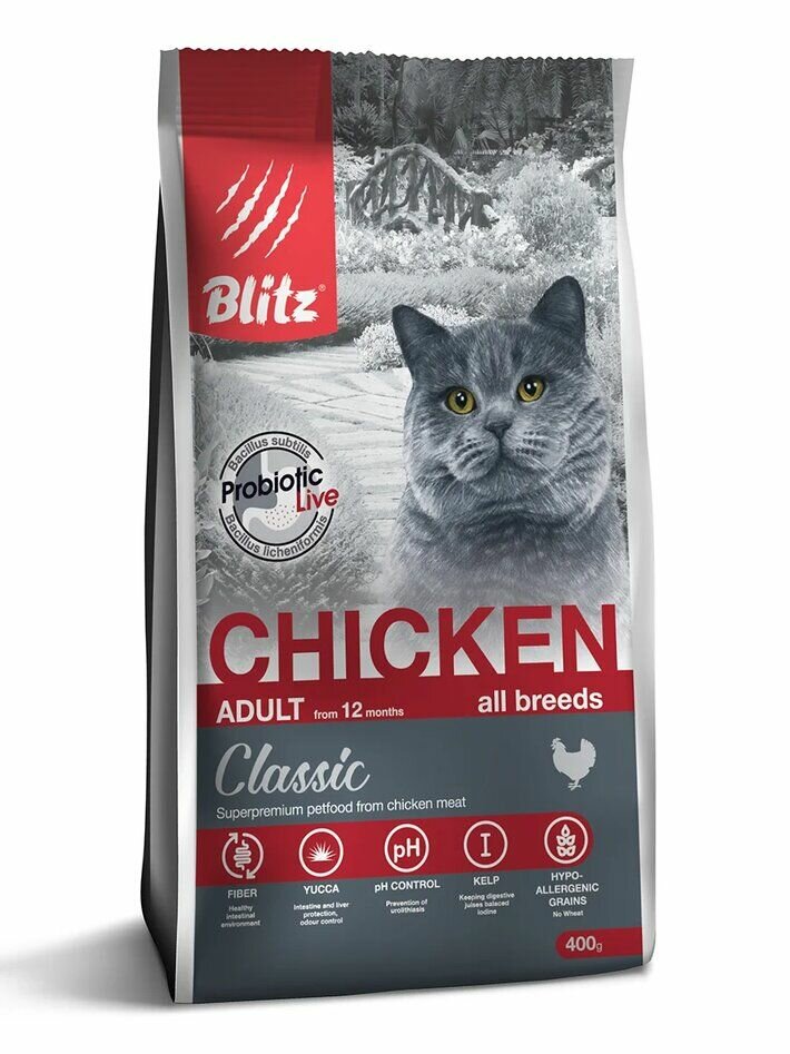 Корм для кошек сухой с курицей BLITZ ADULT CATS CHICKEN, 0,4кг