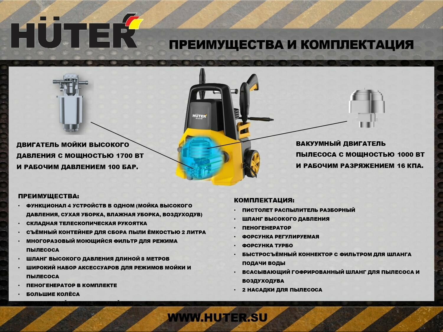 Мойка-пылесос высокого давления HUTER W150-MF (150 бар, 1700вт, с функцией самовсасывания) - фотография № 6