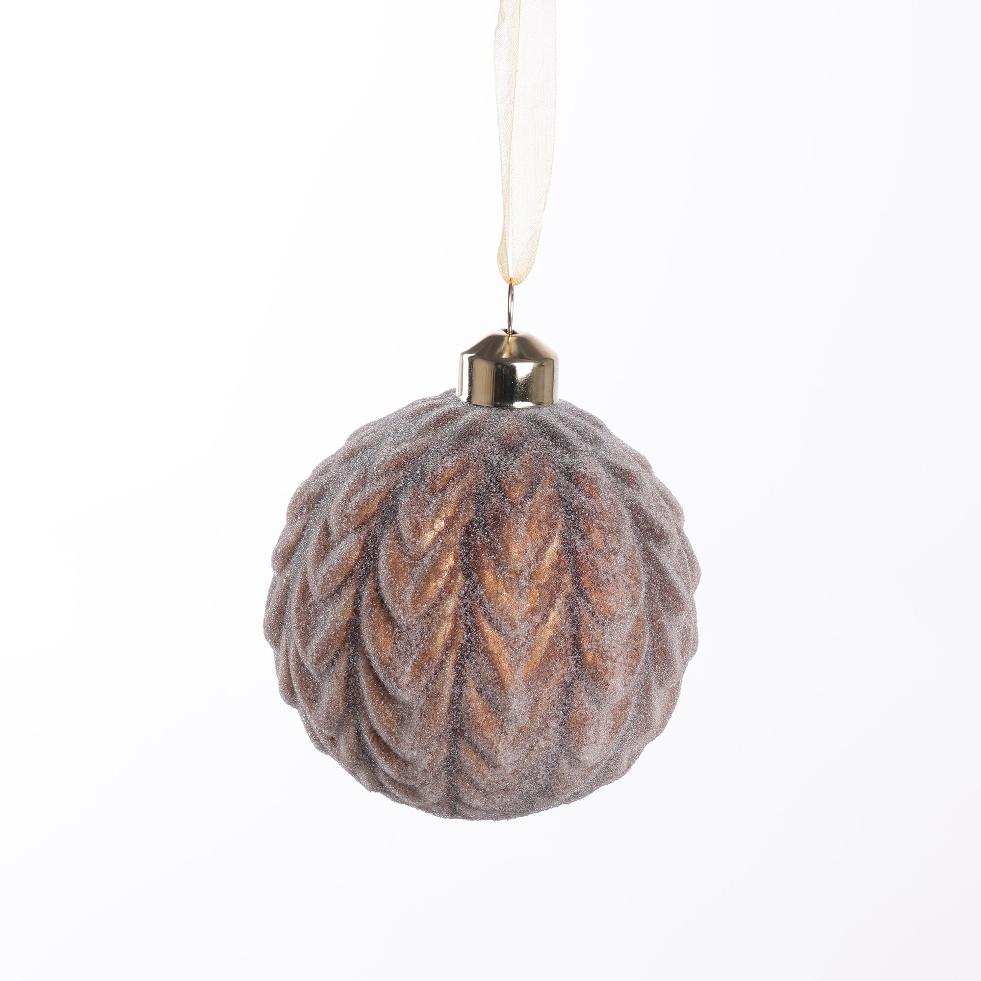 Новогодняя декорация Шар на елку стеклянный 8 см 1 шт коричневый заснеженный