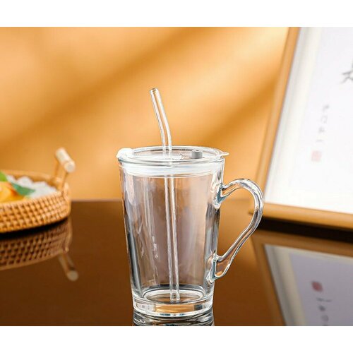 Кружка прозрачная с крышкой и трубочкой стеклянные для напитков 450 мл