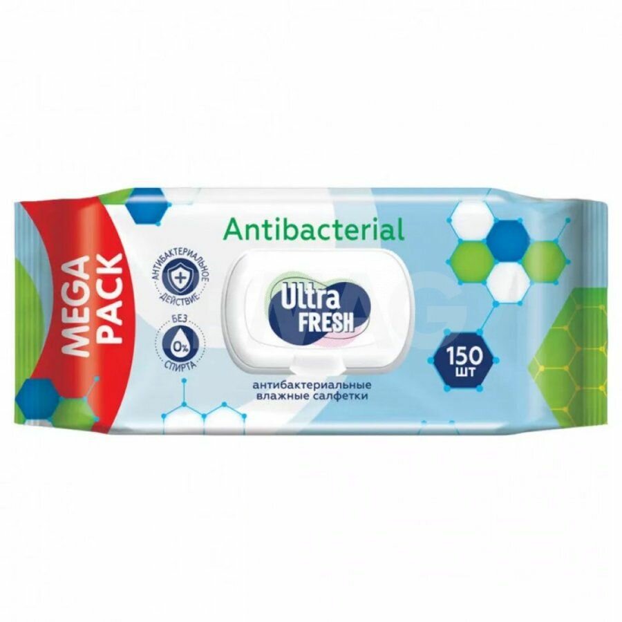 Ultra Fresh Влажные салфетки Antibacterial с клапаном, 150 шт