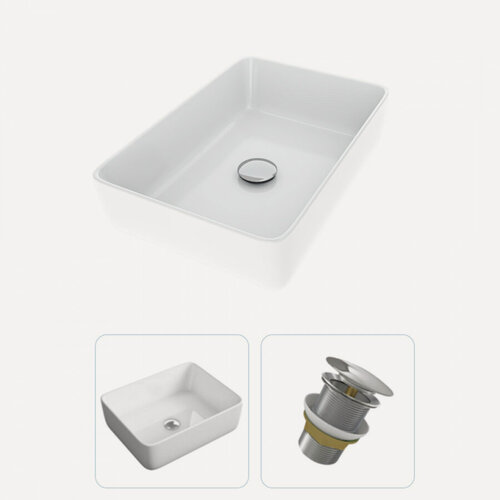 Изображение товара Раковина накладная для ванной Teymi Helmi 50 в комплекте донный клапан клик-клак без перелива хром F01613