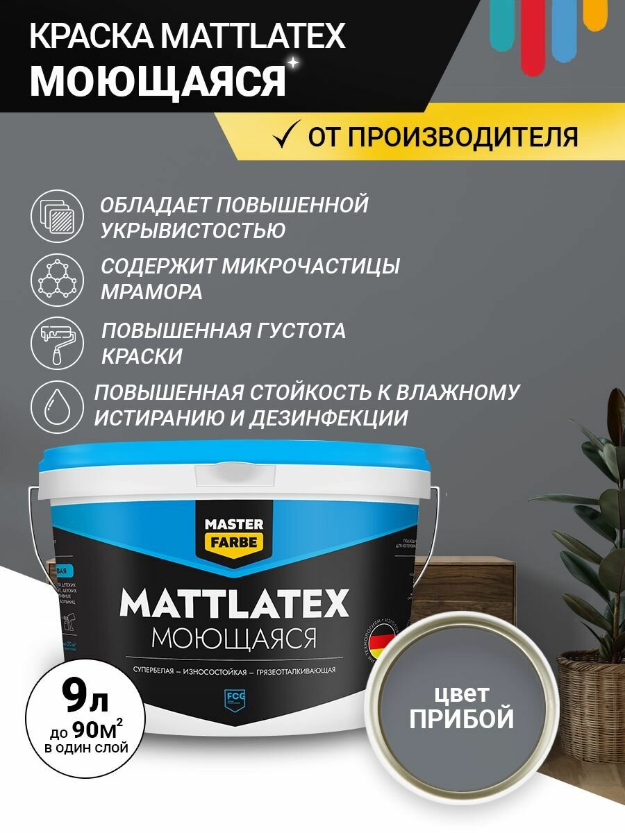 Краска моющаяся MASTERFARBE ВД Mattlatex интерьерная для стен и потолков прибой 9 л