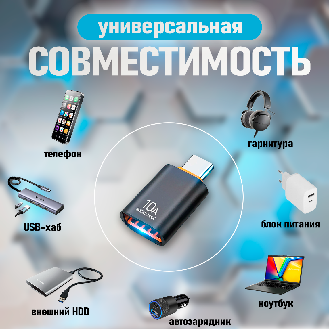 Переходник USB-Type-C, 10A, быстрая передача данных OTG, USB 3.0 — фото 1