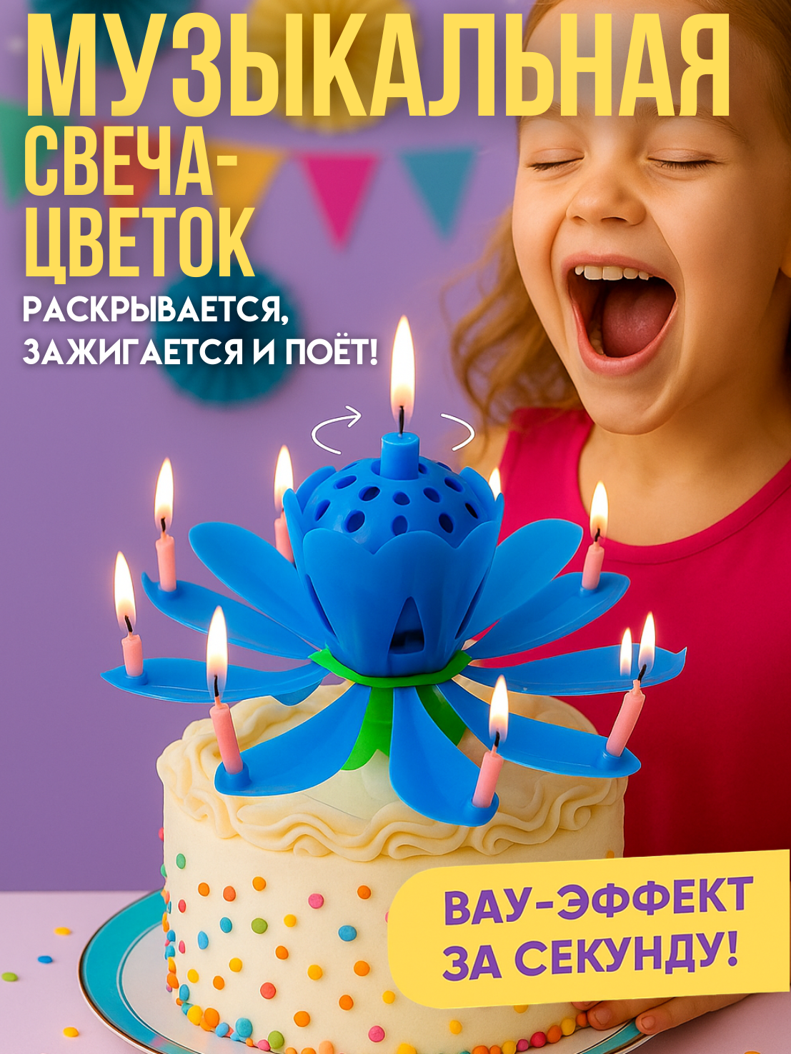 Свеча музыкальная для торта, с музыкой Happy Birthday, синяя, цветок