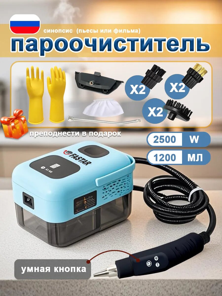 Пароочиститель, для дома, мощность 2500 Вт, 8 насадок, съемный резервуар, 1.2 л
