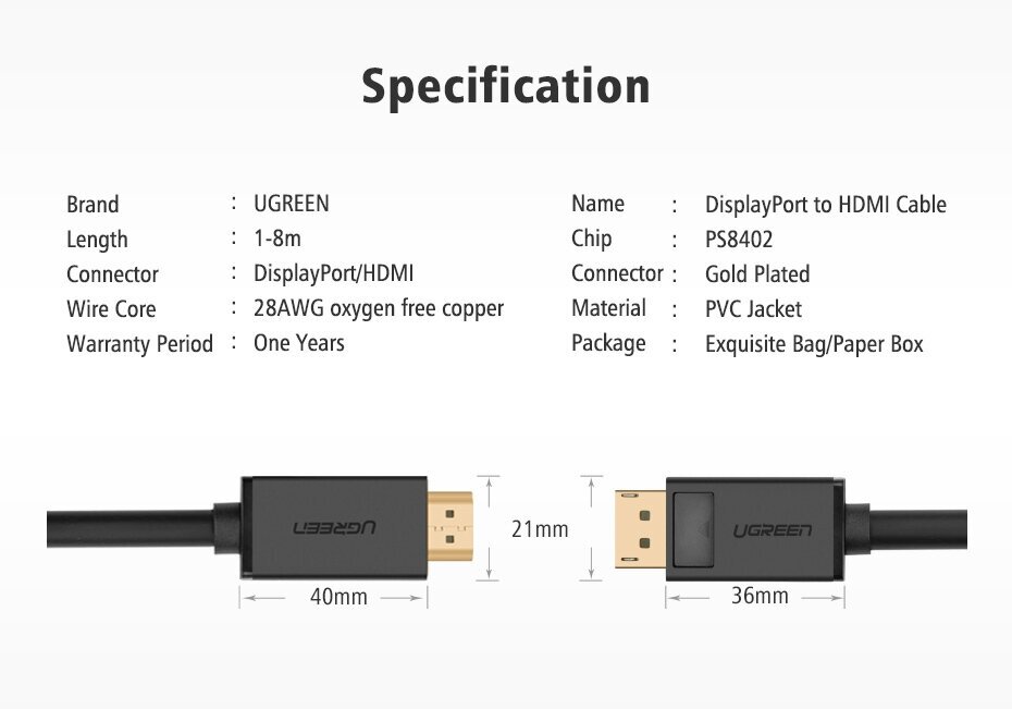 Кабель интерфейсный DisplayPort-HDMI UGREEN - фото №6