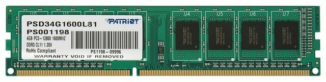Модуль оперативной памяти Patriot Модуль оперативной памяти 4ГБ DDR3L SDRAM Patriot PSD34G1600L81 (PC12800, 1600МГц, CL11) (ret)