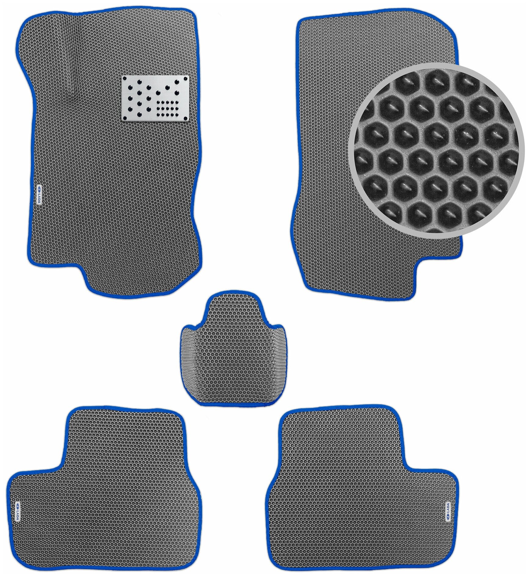 EVA коврики автомобильные для Lada Granta 2011-2021, с алюминиевым подпятником и логотипами, серые с синей окантовкой (Лада Гранта)