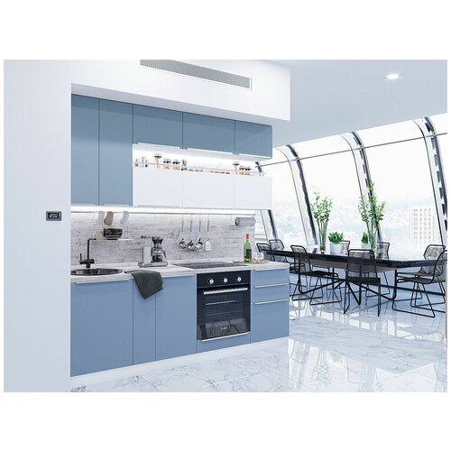 Готовый кухонный гарнитур прямой без столешницы кухня Фьюжн-01 2340*2300*600 Silky Blue/Silky White