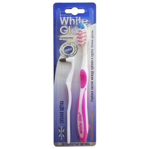 Зубная щетка WHITE GLO Medium + ластик для удаления налета, средняя, розовый