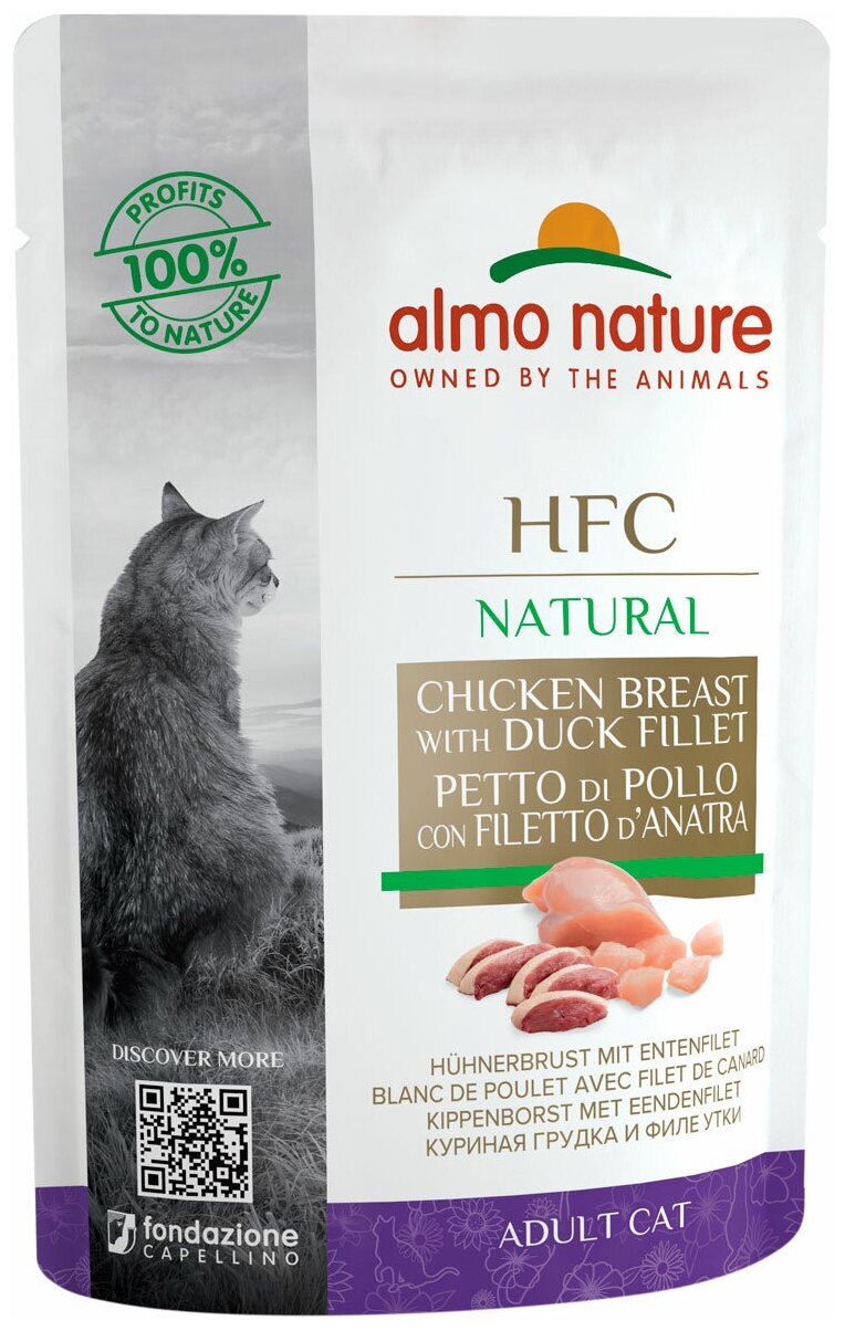 ALMO NATURE CAT HFC NATURAL для взрослых кошек с куриной грудкой и утиным филе (55 гр х 24 шт)