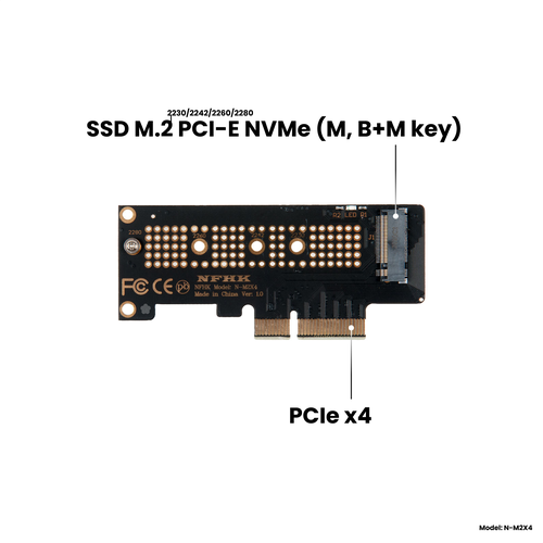 Адаптер-переходник (плата расширения) для установки SSD M.2 2230-2280 PCI-E NVMe (M, B+M key) в слот PCI-E 3.0/4.0 x4/x8/x16, NHFK N-M2X4 m key m 2 nvme ngff ssd to pci e pci express x4 x8 x16 adapter converter card ss