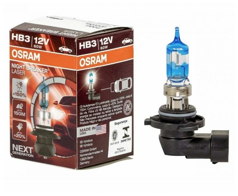 Лампа автомобильная HB3 (60) P20d+150% NIGHT BREAKER LASER 3800K 12V OSRAM