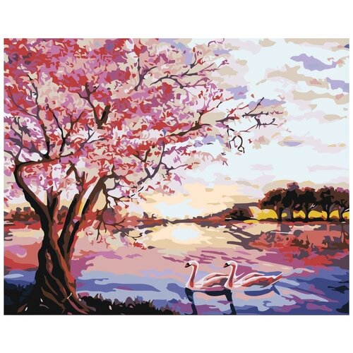 картина по номерам жпн цветущая сакура в горах раскраска 40x50 см сакура Картина по номерам Цветущая сакура у реки, 40x50 см