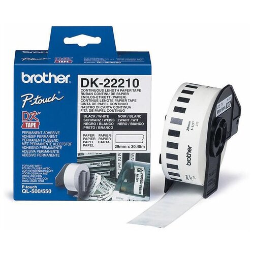 Картридж для принтеров этикеток BROTHER DK22210, 29 мм х 30,48 м, черный шрифт, белый фон, бумажная