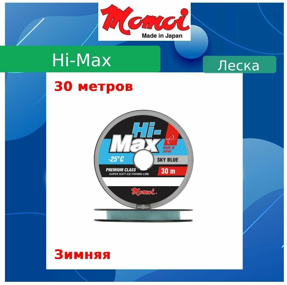 Монофильная леска для рыбалки Momoi Hi-Max Sky Blue 0,22 мм, 5,0 кг, 30 м, голубая, 1 штука