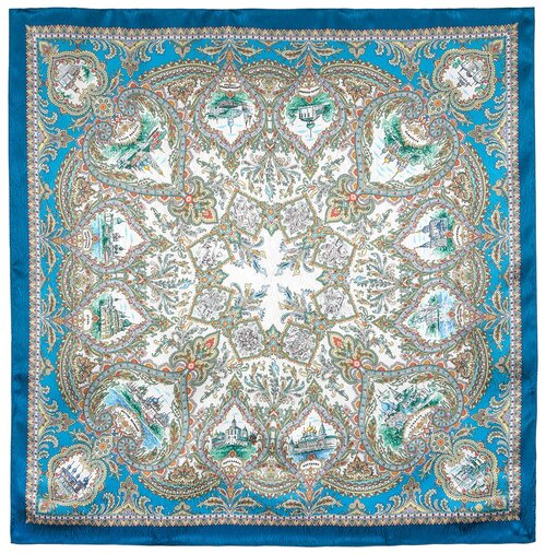Платок Павловопосадская платочная мануфактура, 89х89 см, синий, оранжевый