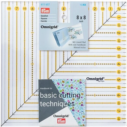 PRYM 611657 Линейка для пэчворка Omnigrid 20 см х 20 см на подложке с европодвесом шкала в дюймах