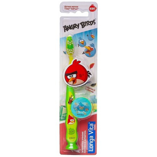 Зубная щетка Longa Vita Angry Birds детская с защитным колпачком, присоской от 5-и лет салатовая