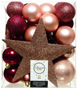 Набор пластиковых елочных шаров и украшений новогодний, цвета: нежно-розовый, розовый бархат магнолия, упаковка 33 шт, Kaemingk (Decoris) 029232