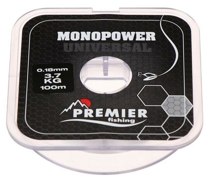 Леска Preмier fishing MONOPOWER Universal, диаметр 0.18 мм, тест 3.7 кг, 100 м, прозрачная