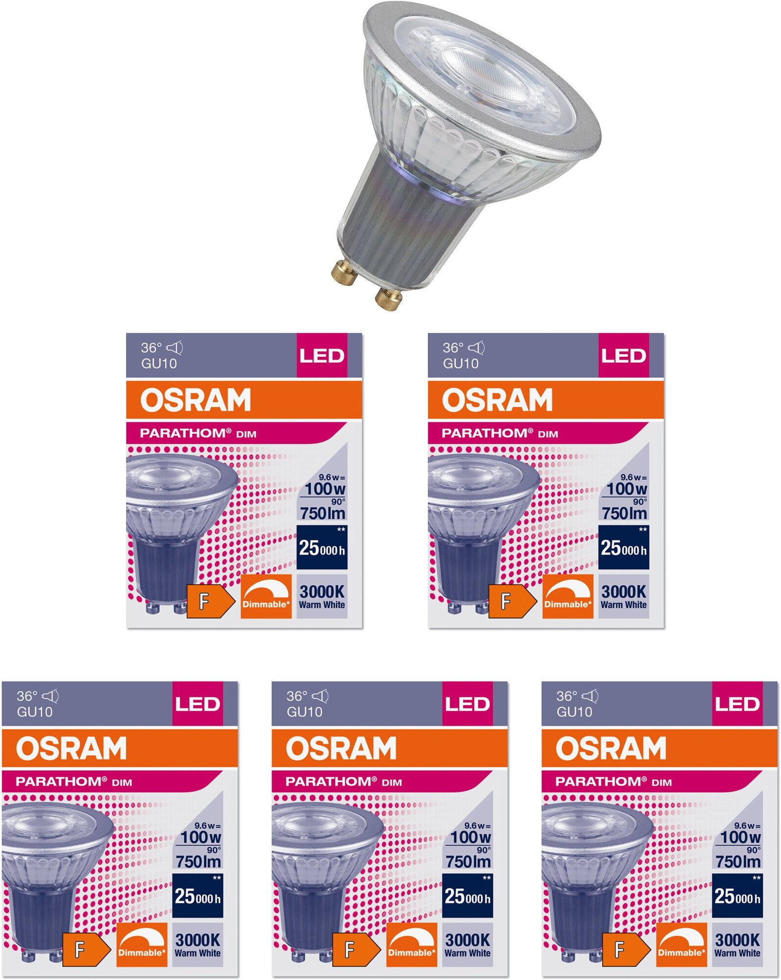 Лампочка светодиодная OSRAM Софит PAR16 GU10 9,6Вт 220В 750Лм 3000К Теплый белый Диммируемая, упаковка 5шт