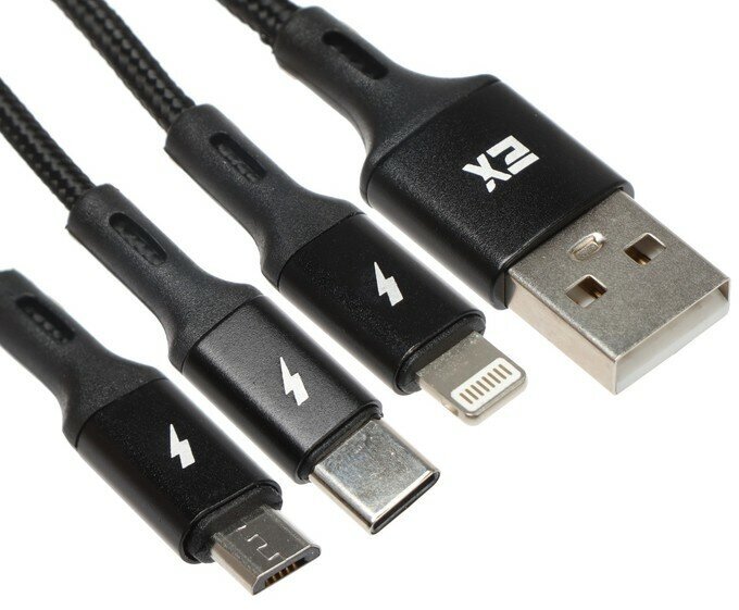 Кабель 3 в 1 Exployd EX-K-1417, USB - microUSB/Lightning/Type-C, 2.4 А, 1.2м, нейлон, черный