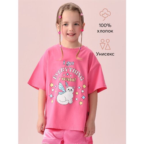 Футболка Happy Baby, размер 86-92, белый, розовый новые детские футболки для девочек футболка с единорогом детская одежда топы для девочек футболка одежда единорога