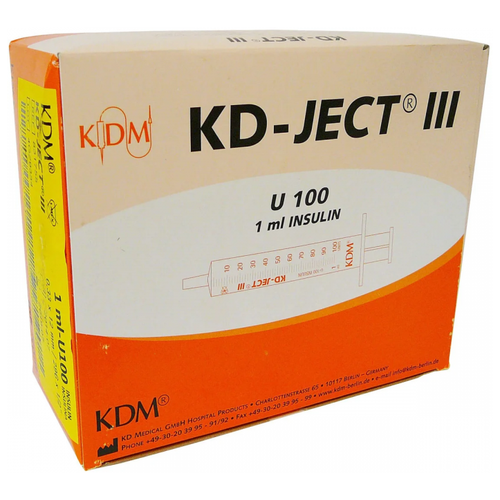 Шприц инсулиновый KDM KD-JECT III U-100 трехкомпонентный, 12 мм x 0.33 мм, размер: 29G, 1 мл, 100 шт.