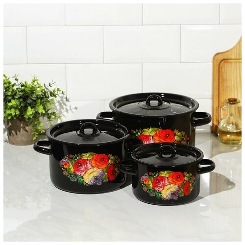 Набор кастрюль Жостово 3 предмета 15 л 29 л 45 л эмалированные крышки индукция цвет чёрный 3852₽