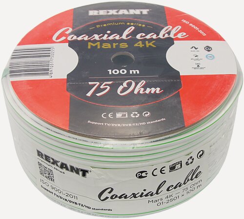 Изображение товара Кабель коаксиальный REXANT MARS 4K, Cu/Al/CuSn, 96%, 75 Ом, бухта 100 м, белый