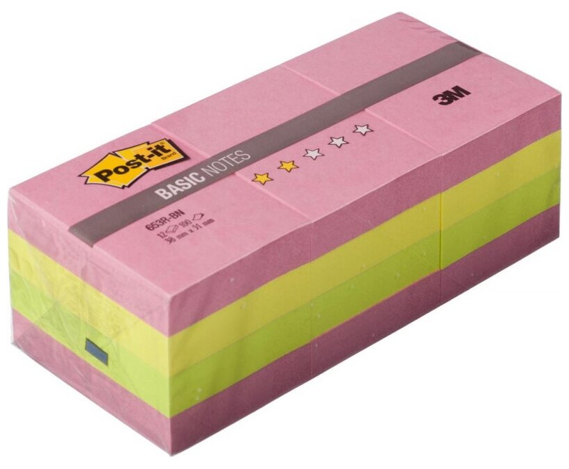 Стикеры Post-it Basic 653R-BN,38х51, неон. радуга, набор 12 бл. по 10