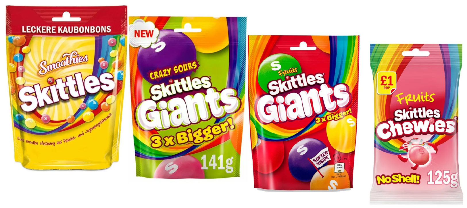 Набор жевательных конфет "Skittles" Gigants Fruits, Crazy sours, Smoothie, Chewies/ Скитлс гигант, кислый гигант, смузи, чивас.