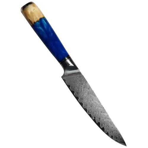 Нож кухонный универсальный 14 см. Ножевая сталь VG-10 дамаск в обкладках. Рукоять дерево-акрил, цвет синий.