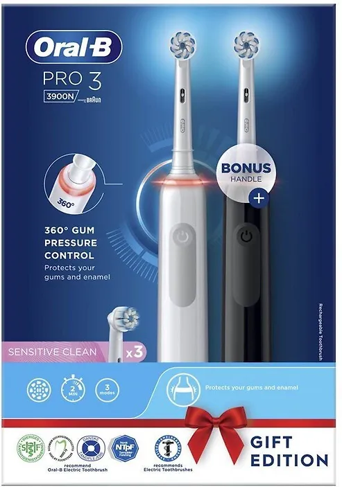 Электрическая зубная щетка Oral-B Pro 3 3900N Sensitive Clean, черный + белый 8006540760307 - фотография № 1